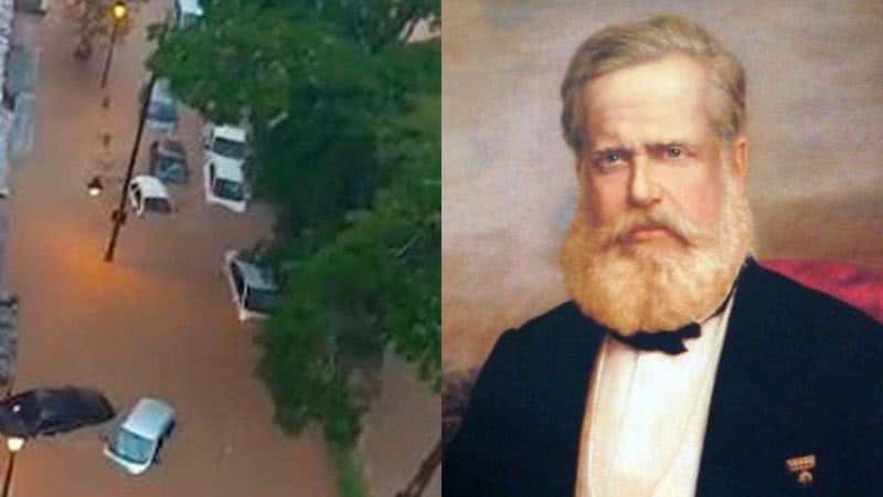 Caos em Petrópolis (à esqu.) e Dom Pedro II (à dir.) - Divulgação/Vídeo e Domínio Público