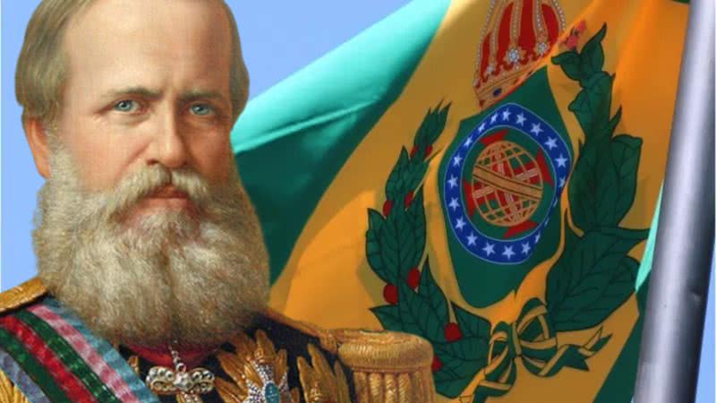 Montagem mostra Dom pedro II e a bandeira do Brasil Império - TJ-MS e Domínio Público