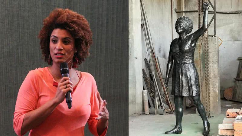 Montagem mostrando Marielle Franco e sua estátua - Divulgação/ Alerj/ Guilherme Cunha e Divulgação/ Instituto Marielle Franco