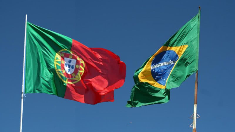 Montagem com as bandeiras do Brasil e Portugal hasteadas - Imagens de Gleidiçon Rodrigues e de Norbert por Pixabay