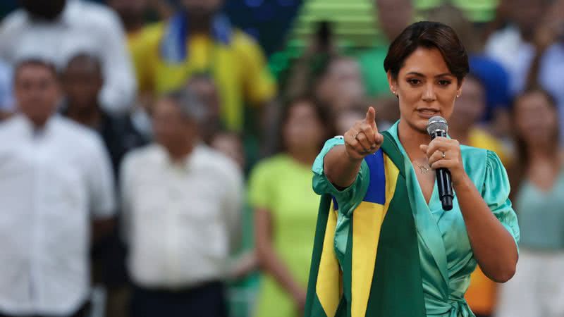 Michelle Bolsonaro durante evento da recandidatura de Bolsonaro - Getty Images