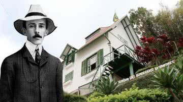 Montagem mostrando Santos Dumont e fotografia de sua casa - Divulgação/ Conhecendo Museus e Divulgação/ Domínio Público