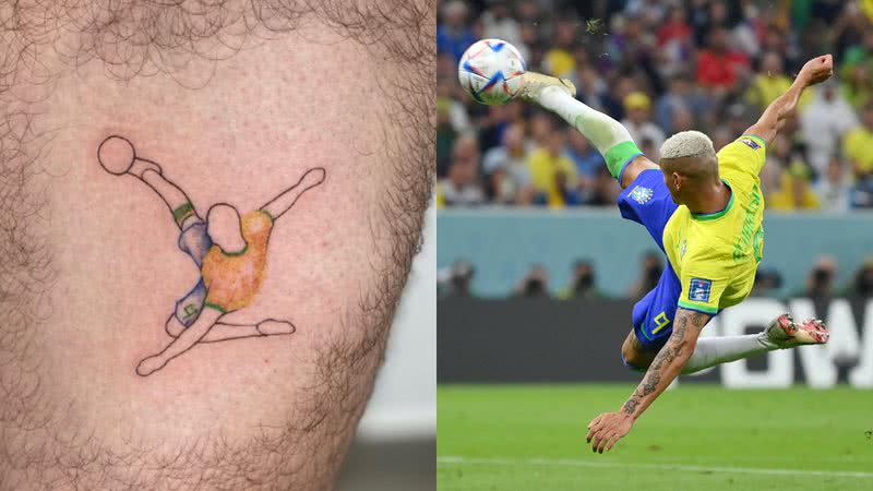 Fotografia de tatuagem em homenagem a gol de Richarlison na Copa do Mundo, e icônico momento em partida - Reprodução/Instagram @wes_inked / Getty Images