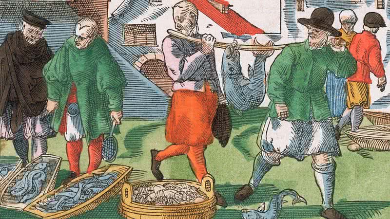 Ilustração de um mercado de peixes medieval - Getty Images