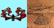 O 'Crimson Spin', desenvolvido por Austin Prete, e o desenho do helicóptero original de Da Vinci - Divulgação / Austin Prete / University of Maryland e Wikimedia Commons