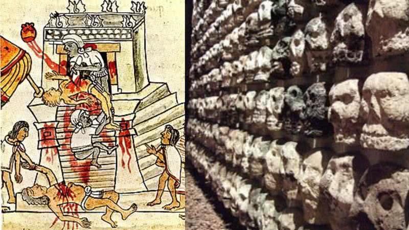 Montagem mostrando uma ilustração representando um sacrifício asteca, e uma fotografia das paredes de crânios que eram montadas com as cabeças dos sacrificados - Divulgação/Foundation for the Advancement of Mesoamerican Studies/ Templo Mayor Museum