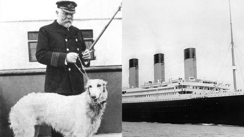 Capitão do Titanic Edwar Smith com um Irish Wolfhound (à esq.) e o navio (à dir.) - Domínio Público