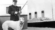 Capitão do Titanic Edwar Smith com um Irish Wolfhound (à esq.) e o navio (à dir.) - Domínio Público