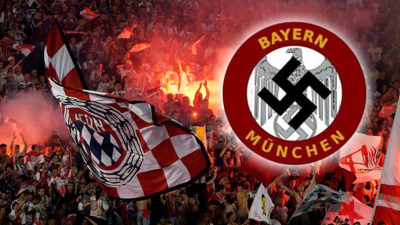 Torcida do Bayern de Munique ao lado do escudo com suástica nazista - Getty Images com reprodução