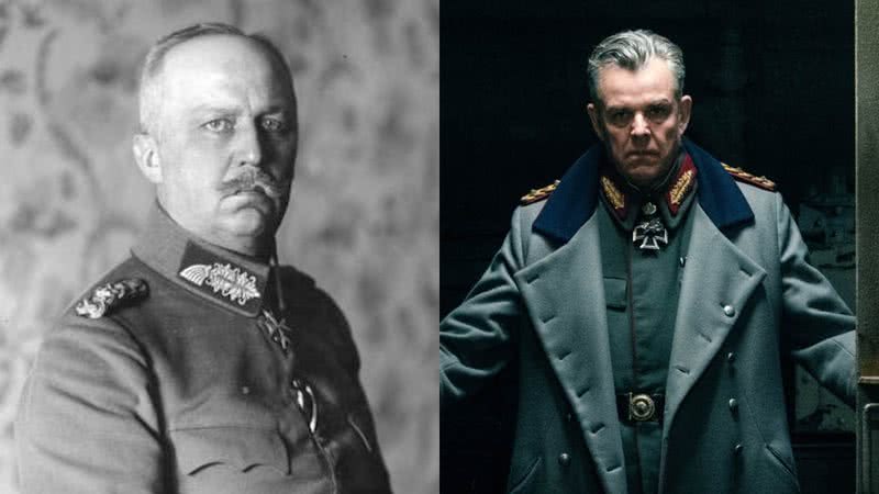 Montagem de Erich Ludendorff da vida real (esq.) ao lado do personagem do filme (dir.) - Creative Commons/Warner Bros. Pictures