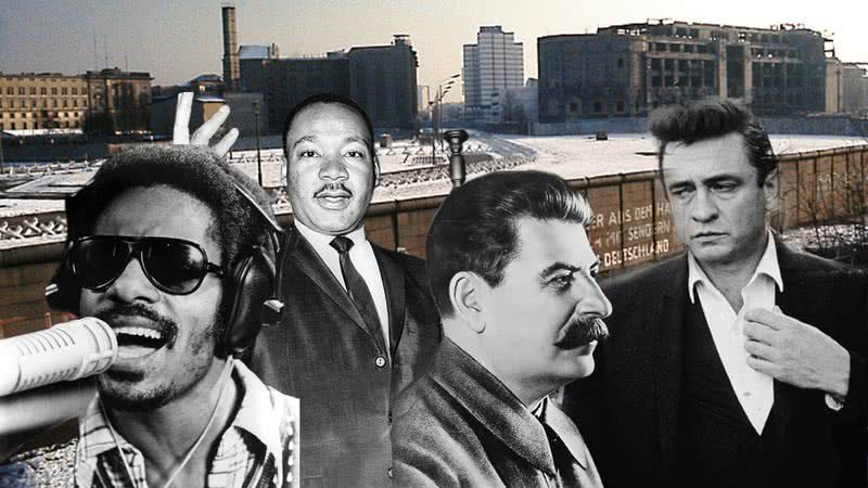 Montagem com Stevie Wonder, Martin Luther King Jr., Josef Stalin e Johnny Cash, respectivamente, frente ao Muro de Berlim - Imagens de Edward Valachovic, Domínio Público, Dillan Stradlin e Library of Congress pelo Wikimedia Commons