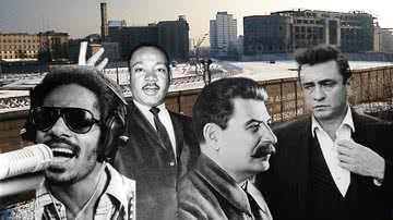 Montagem com Stevie Wonder, Martin Luther King Jr., Josef Stalin e Johnny Cash, respectivamente, frente ao Muro de Berlim - Imagens de Edward Valachovic, Domínio Público, Dillan Stradlin e Library of Congress pelo Wikimedia Commons