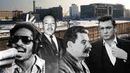 Montagem com Stevie Wonder, Martin Luther King Jr., Josef Stalin e Johnny Cash, respectivamente, frente ao Muro de Berlim - Imagens de Edward Valachovic, Domínio Público, Dillan Stradlin e Library of Congress pelo Wikimedia Commons