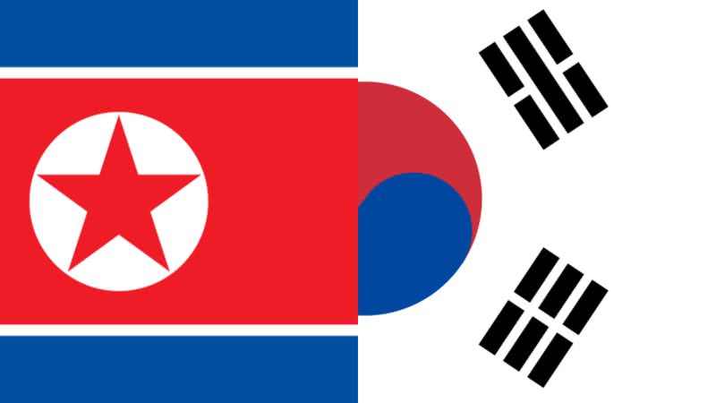 Colagem com as bandeiras da Coreia do Norte e Coreia do Sul, respectivamente - Domínio Público via Wikimedia Commons