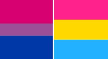 Montagem com bandeira bissexual à esquerda, e bandeira pansexual à direita - Wikimedia Commons