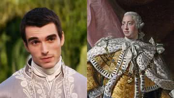 Rei George III, em sua versão jovem em 'Rainha Charlotte', e em pintura oficial de quando vivo - Reprodução/Netflix / Domínio Público via Wikimedia Commons