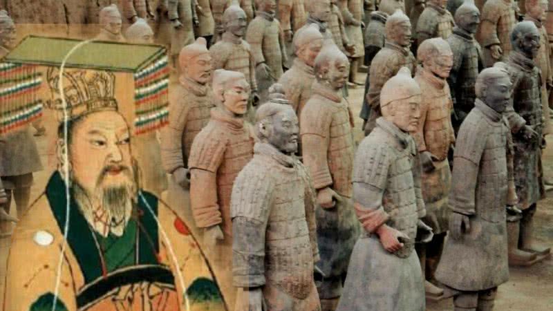 Montagem com o primeiro imperador da China, Qin Shi Huang, e o exército de terracota ao fundo - Domínio Público via Wikimedia Commons