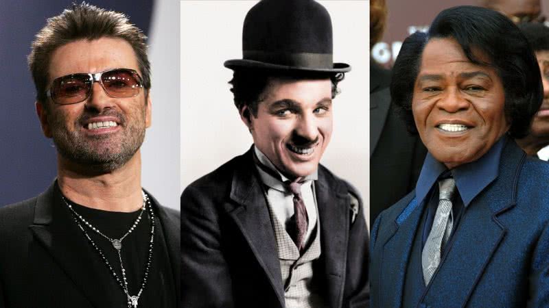 George Michael (esq.), Charlie Chaplin (centro) e James Brown (dir.) em montagem - Getty Images / Wikimedia Commons / Cassowary Colorizations