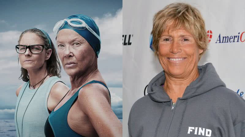 Imagem do filme 'Nyad' e a verdadeira nadadora Diana Nyad - Divulgação/Netflix / Getty Images