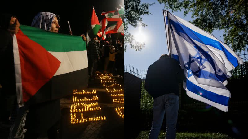 Militantes portando a bandeira da Palestina e de Israel - Getty Images