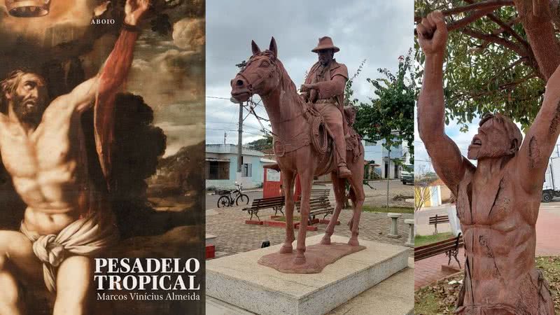 Montagem mostrando capa do livro e dois monumentos em homenagem a Januário Garcia - Divulgação/ Marcos Vinícius Almeida