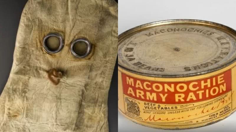 Máscara (à esq.) e comida em lata (à dir.) - Divulgação / Museu de Ciência do Reino Unido / Imperial War Museum