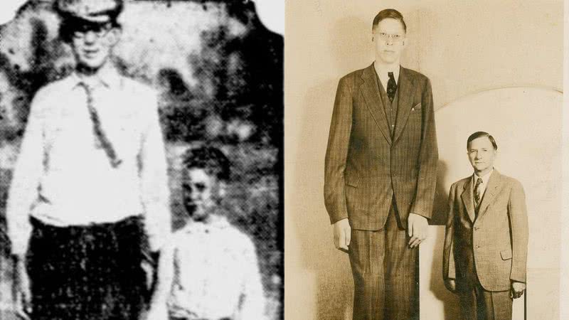 Robert Wadlow aos dez anos e na juventude, ao lado do pai - Domínio Público via Wikimedia Commons