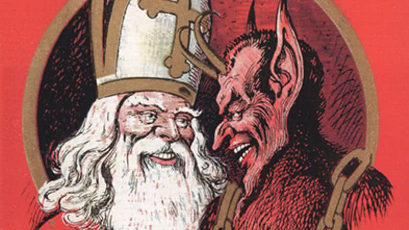 Representação do São Nicolau ao lado de Krampus - Domínio Público/ Creative Commons/ Wikimedia Commons