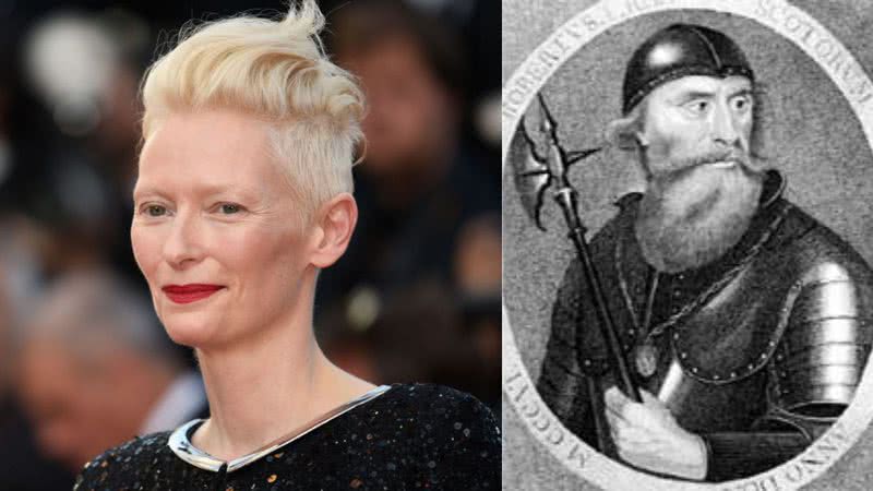 Montagem de fotografia de Tilda Swinton e ilustração representando Robert the Bruce - Getty Images e Domínio Público