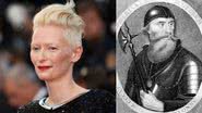 Montagem de fotografia de Tilda Swinton e ilustração representando Robert the Bruce - Getty Images e Domínio Público