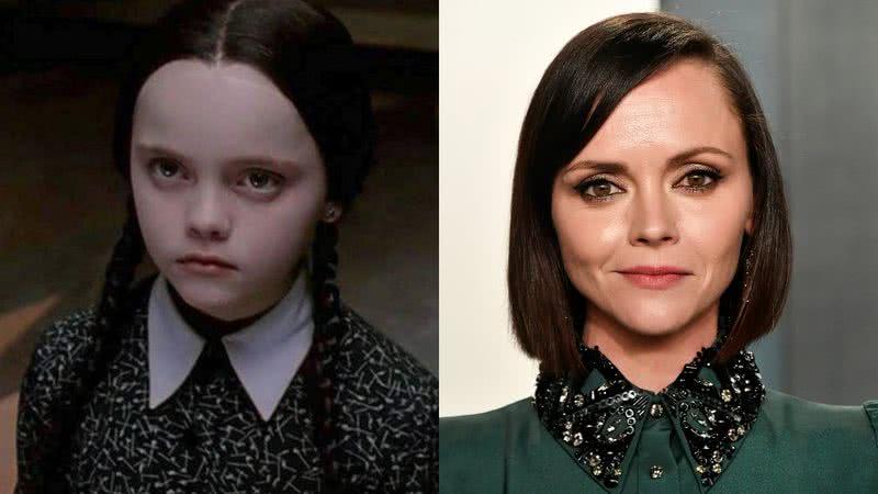 Christina Ricci como Wandinha em "A Família Addams" (1991) e em evento atual - Divulgação/Paramount Pictures e Getty Images