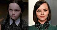 Christina Ricci como Wandinha em "A Família Addams" (1991) e em evento atual - Divulgação/Paramount Pictures e Getty Images