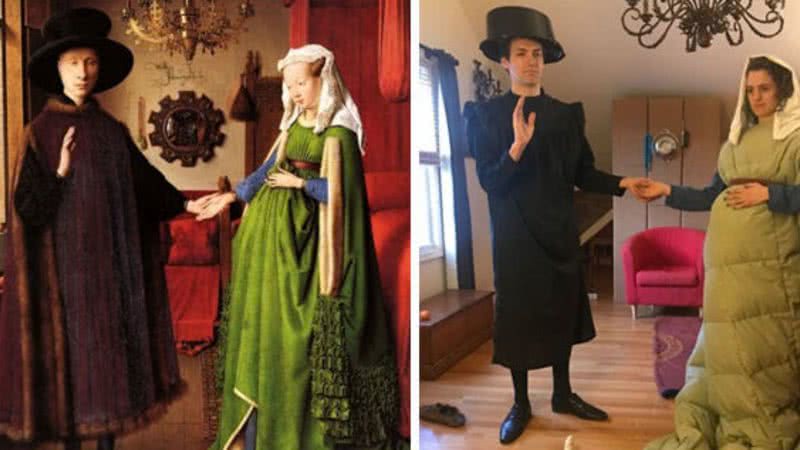 O Casal Arnolfini, pintura de Jan Van Eyck de 1434,  ao lado de recriação - Divulgação