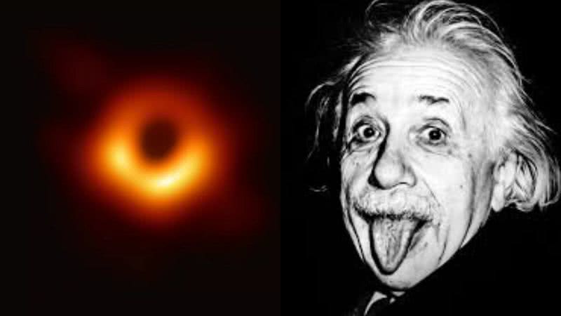 Albert Einstein em montagem com o buraco negro capturado pelo Telescópio do Horizonte de Eventos - Divulgação