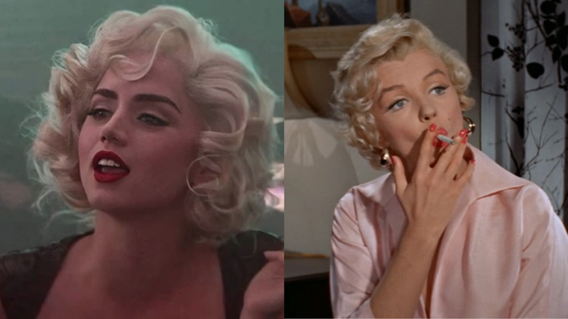 Ana de Armas como Marilyn Monroe em 'Blonde' (2022) e Marilyn Monroe no filme "O Pecado Mora ao Lado" (1955) - Divulgação / Netflix e Divulgação / 20th Century Fox