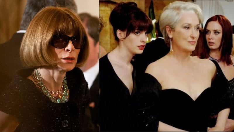 Montagem meramente ilustrativa de Anna Wintour à esquerda e cena do filme O Diabo Veste Prada à direita - Getty Image/ Wikimedia Commons