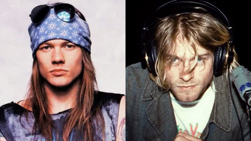 Montagem ilustra Axl em fotografia de encarte com Kurt durante participação em rádio - Divulgação / Geffen Records - Wikimedia Commons / Domínio Público