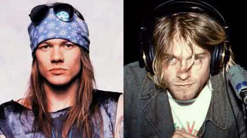 Montagem ilustra Axl em fotografia de encarte com Kurt durante participação em rádio - Divulgação / Geffen Records - Wikimedia Commons / Domínio Público