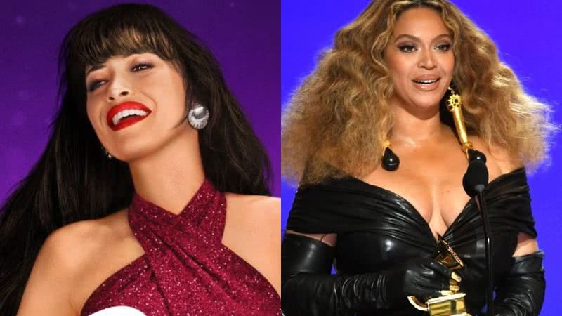 Imagem de divulgação da série Selena da Netflix, ao lado da cantora Beyoncé no Grammy de 2021 - Divulgação/Netflix / Getty Images