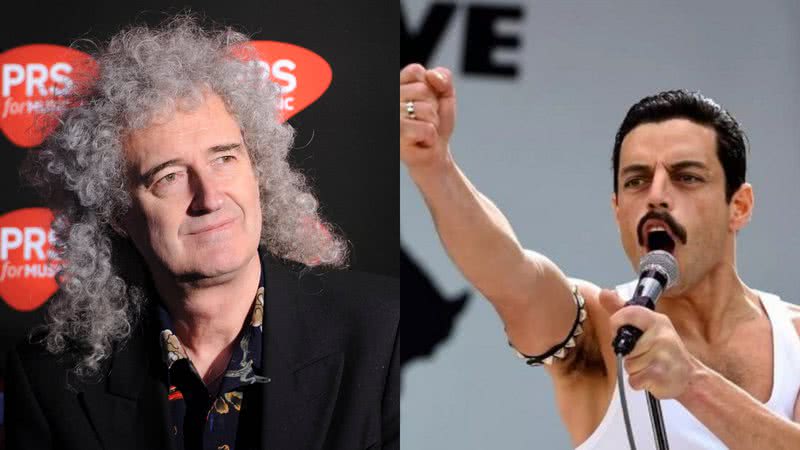 Brian May, lendário guitarrista do Queen, e Rami Malek interpretando o vocalista Freddie Mercury em 'Bohemian Rhapsody' (2018) - Getty Images / Reprodução/20th Century Fox