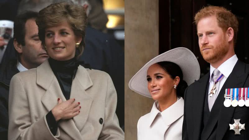 Á esquerda imagem da princesa Diana e à direita imagem de Harry e Meghan Markle juntos - Foto de Pascal Rondeau na GettyImages e Foto de Matt Dunham na GettyImages