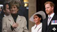 Á esquerda imagem da princesa Diana e à direita imagem de Harry e Meghan Markle juntos - Foto de Pascal Rondeau na GettyImages e Foto de Matt Dunham na GettyImages