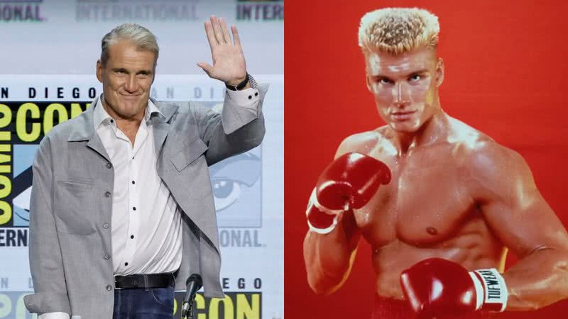 O ator Dolph Lundgren e uma imagem em um de seus papéis mais famosos, Ivan Drago na franquia Rocky - Kevin Winter/Getty Images e Divulgação/MGM/Rocky IV