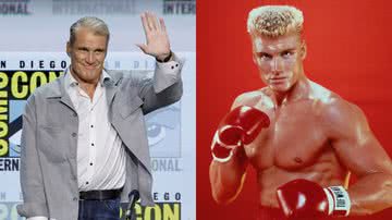 O ator Dolph Lundgren e uma imagem em um de seus papéis mais famosos, Ivan Drago na franquia Rocky - Kevin Winter/Getty Images e Divulgação/MGM/Rocky IV