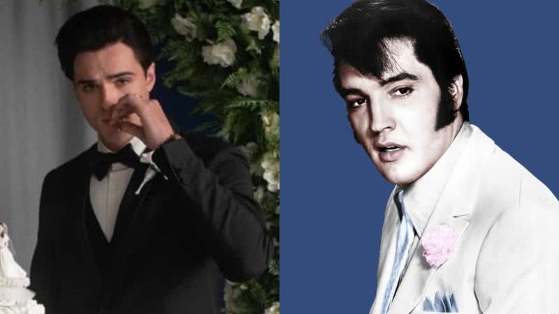 Elvis Presley em 'Priscilla', interpretado por Jacob Elordi, e fotografia do verdadeiro 'Rei do Rock' - Divulgação/A24 / Divulgação