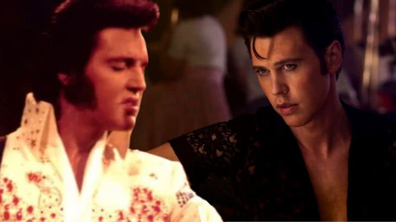 Montagem de Elvis Presley com sua retratação em 'Elvis' (2022) - Divulgação / BBC / Warner Bros