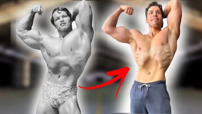 Montagem contendo Arnold na época do Mr. Olympia com o filho Joseph atualmente - Divulgação / Redes sociais