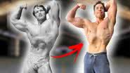 Montagem contendo Arnold na época do Mr. Olympia com o filho Joseph atualmente - Divulgação / Redes sociais