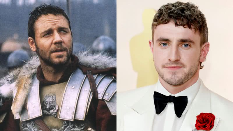 Russell Crowe como Máximus em 'Gladiador' (2000) e o ator Paul Mescal, que protagonizará continuação - Reprodução/DreamWorks SKG / Getty Images