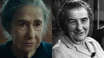 Golda Meir no filme 'Golda', interpretada por Helen Mirren, e fotografia da verdadeira antiga primeira-ministra de Israel - Reprodução/Vídeo/YouTube/@RottenTomatoesINDIE / Foto por Israel Press and Photo Agency pelo Wikimedia Commons